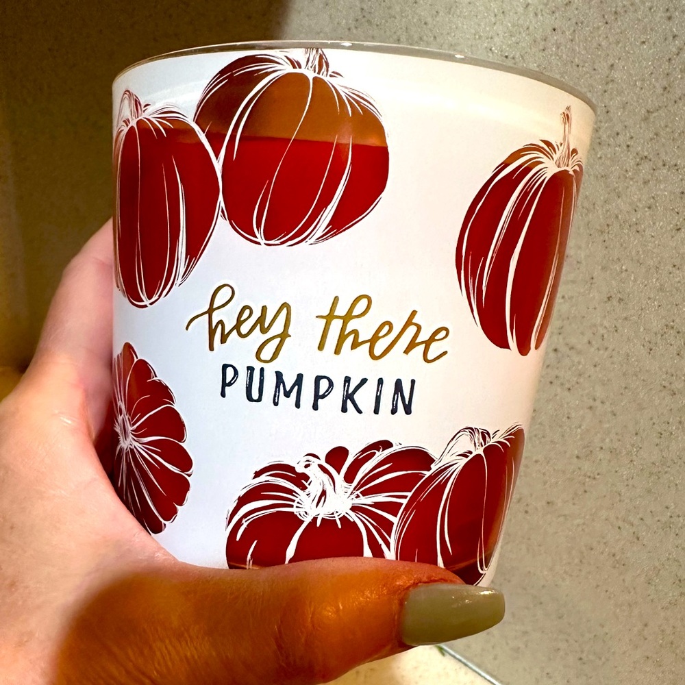 Hey There Pumpkin 2-wick candle .  14 oz . Pumpkin and Teakwood scent